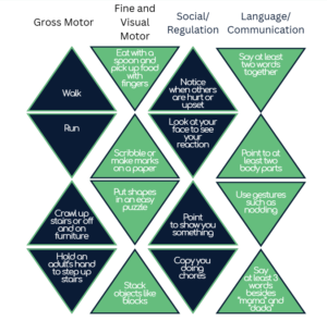 Good Beginnings Therapy developmental bingo card for 1 year olds covering movement, cognitive, social, and language milestones