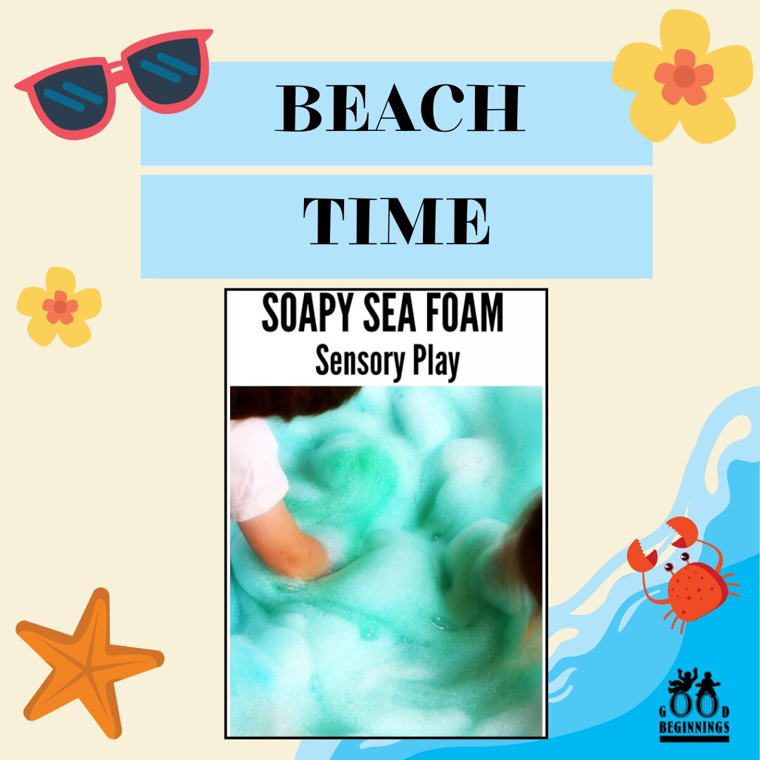 Activity 2 – Enjoy the beach anywhere Graphic titled Beach Time featuring an activity called Soapy Sea Foam Sensory Play. A child's hand is shown playing in fluffy, bright blue-green foam. The background includes beach-themed illustrations of sunglasses, flowers, a starfish, and a crab with the Good Beginnings logo.