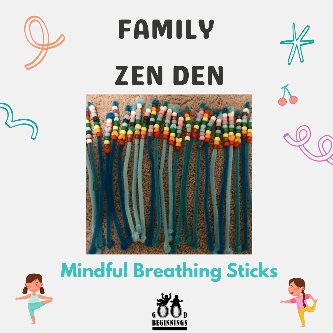 activity 5 Graphic titled "FAMILY ZEN DEN" featuring an ice cream cone filled with yogurt and sliced fresh fruit (peaches and pineapple) on a wooden surface. The background is white with playful doodles, illustrations of two young girls doing yoga poses, and a "GOOD BEGINNINGS" logo at the bottom.